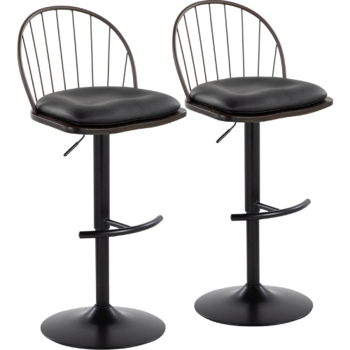Riley Adjustable Swivel Bar Stool in Black & Bronze, Walnut Wood & Brown Leatherette (Set of 2)